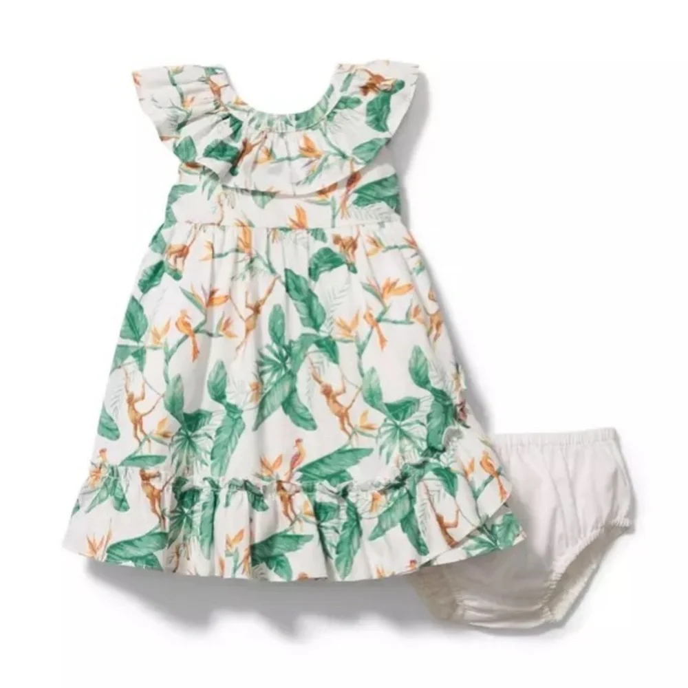 New Janie and Jack Tropical Dress Girls 12-18M Cotton Poplin Monkeys Bloomers